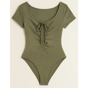Army Green Bodysuit Womens Medium Ribbed Knit Ruched Stretchy Soft Tee One Piece
